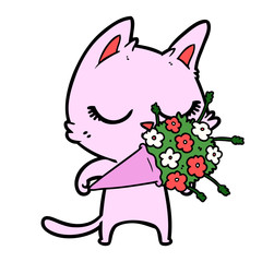 calm cartoon cat with flowers