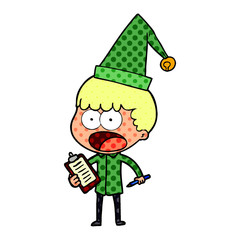 cartoon shocked xmas elf with clipboard and pen