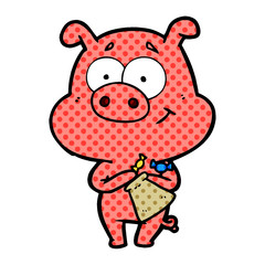 happy cartoon pig with candy