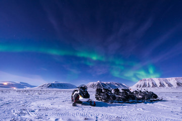 The polar arctic Northern lights aurora borealis sky star in Norway Svalbard in Longyearbyen city...