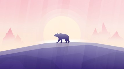 Vector illustration of beautiful landscape with Canadian symbol animal - wild bear silhouette in Violet palette. Pinky sunrise. Mountains top view. Mammal grizzly, black, brown, polar bear or kermode.