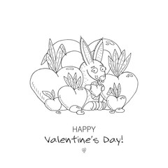 Unique vector card template with hand drawn funny bunny holding heart symbol and with hearts growing like carrots. Cartoon character Happy Valentine's Day  invitation, save the date or romantic event