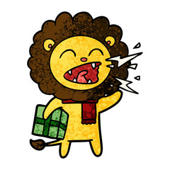 cartoon roaring lion with present