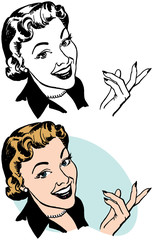 A smiling woman pointing and gesturing.