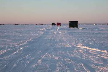 Road to ice fishing shacks on Lake of the Woods, Minnesota