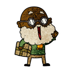 cartoon joyful man with beard and parcel under arm