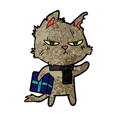 tough cartoon cat with christmas present