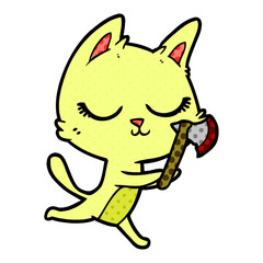 calm cartoon cat with axe