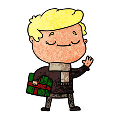 Obraz premium cartoon man carrying christmas present waving