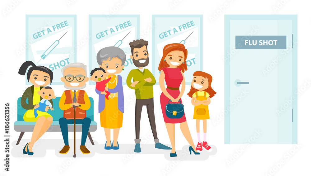 Wall mural group of caucasian white young and senior people waiting in a queue in the hospital to get a free fl