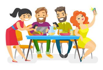 Caucasian white group of young friends sitting together at the table with smartphones and tablet computer. Friends with electronic gadgets hanging out together. Vector isolated cartoon illustration.