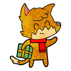 cartoon happy fox with gift