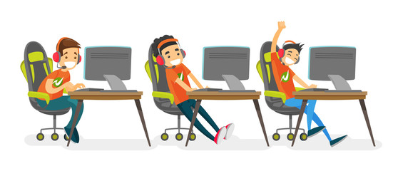 Team of caucasian white teenage gamers playing video game on a cybersport tournament. Group of happy boys in headsets playing on computers in electronic sports. Vector isolated cartoon illustration. © Visual Generation