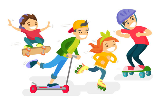Group of happy caucasian white children playing outdoors. Cheerful active boys and girl having fun while riding a skateboard, kick scooter and roller skates. Vector isolated cartoon illustration.