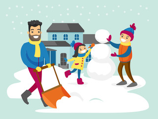 Young caucasian white father removing snow with a shovel in the yard while his son and daughter playing in the snow and making a snowman on snowy winter day. Vector cartoon illustration.