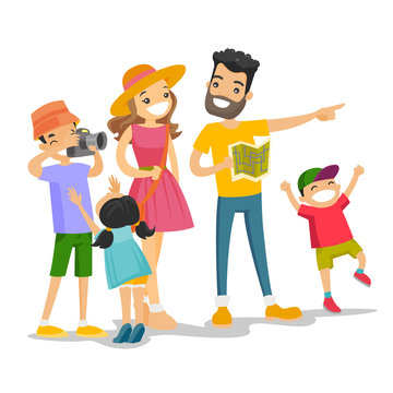 Positive Caucasian white parents with three kids traveling together. Traveling family checking a direction on a paper map and taking picture on the camera. Vector isolated cartoon illustration.