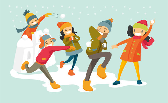 Young happy caucasian white family playing snowball fight and having fun in snow in winter. Cheerful mother and father playing snowballs with their children. Vector cartoon illustration.