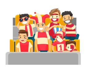 Caucasian white sport supporters sitting at the stadium at a sporting event. Crowd of spectators watching game at the stadium. Vector cartoon illustration isolated on white background. Square layout.