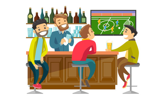 Young cheerful caucasian white people drinking beer and watching football match in bar. Happy friends with beer in sport bar. Vector cartoon illustration isolated on white background. Square layout.