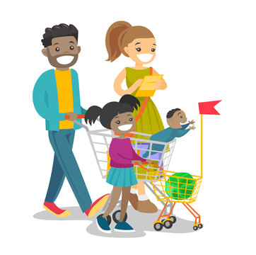 Happy multicultural family with kids shopping. Young african-american father and caucasian white mother with their biracial children walking with shopping cart. Vector isolated cartoon illustration.