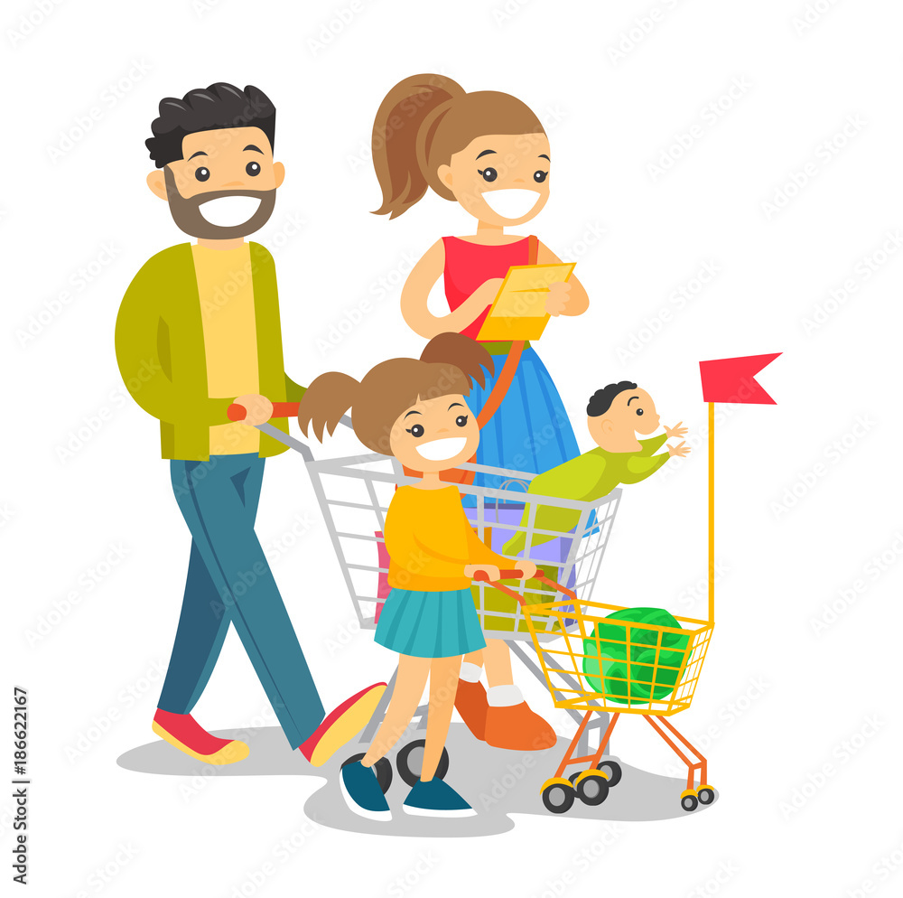 Wall mural happy caucasian white family with kids shopping. young family walking with purchases, shopping bags,