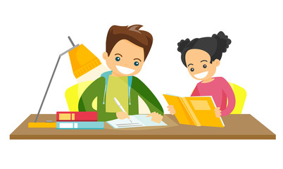 Young caucasian white brother and sister sitting at the table and doing homework at home together. Girl reading a book while her brother writes in exercise book. Vector isolated cartoon illustration.