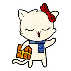 cartoon girl cat with christmas present