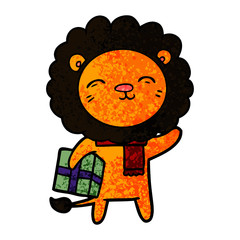 cartoon lion with christmas present