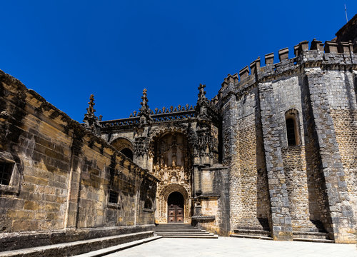 The main entrance of the Convent of Christ in Tomar, Portugal, built in the Manueline style.