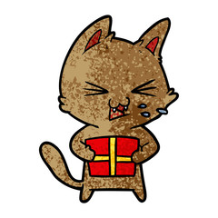 cartoon hissing cat with christmas present