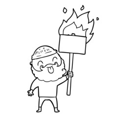 bearded protester cartoon with burning sign