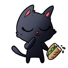 calm cartoon cat considering sharing a baguette