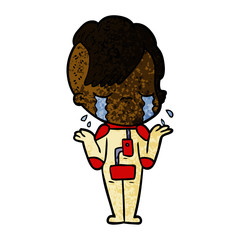 cartoon crying girl wearing space clothes