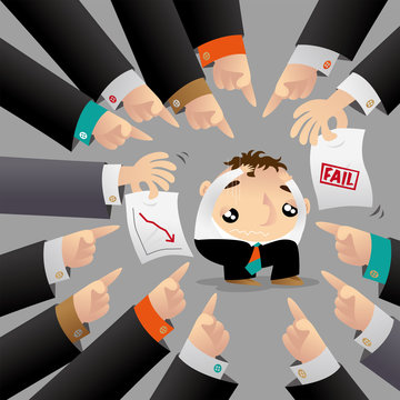A man is surrounded and blamed by his colleagues because of poor performance