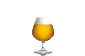 a glass of cold beer on a white background