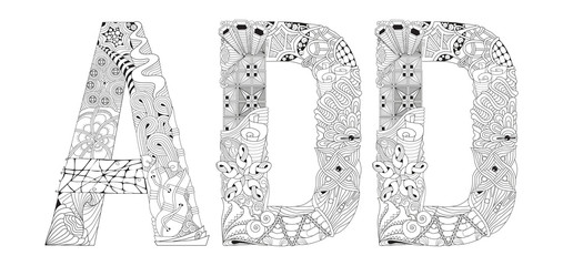 Word ADD for coloring. Vector decorative zentangle object