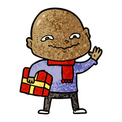 cartoon nervous man with xmas present