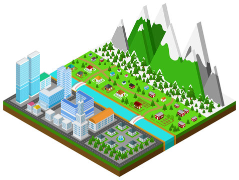 Graphic building real estate house and cityscape architecture in urban separate from countryside town with winter forest and mountains nature environment in 3D isometric design in isolated
