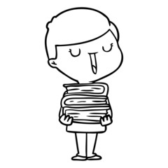 cartoon happy boy with stack of books