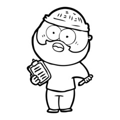 cartoon bearded man with clipboard and pen