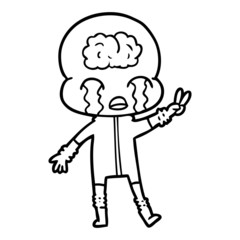 cartoon big brain alien crying and giving peace sign