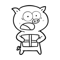 cartoon pig with christmas present