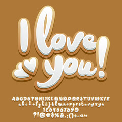 Vector gingerbread cookie card I love you with hearts. Set of Akphabet Letters, Numbers and Punctuation Symbols