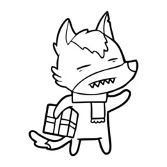 cartoon wolf with a gift
