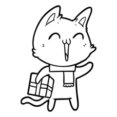 happy cartoon cat with christmas gift