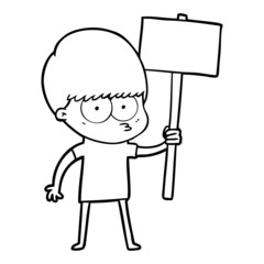 nervous cartoon boy holding placard
