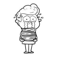 cartoon crying student with stack of books