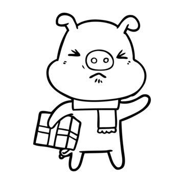 cartoon angry pig with christmas present