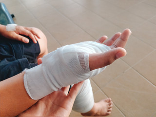 health care background man accident arm and leg with bandage. image for hospital, healthy, danger,...