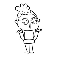 cartoon shrugging woman wearing spectacles
